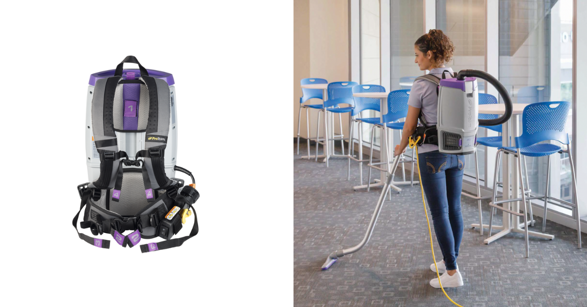 ProTeam GoFit backpack vacuum in Danville being used to clean carpet in educational facility